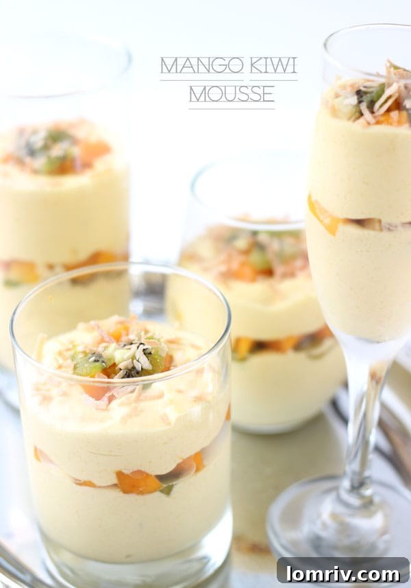 Serving of mango kiwi mousse in a glass