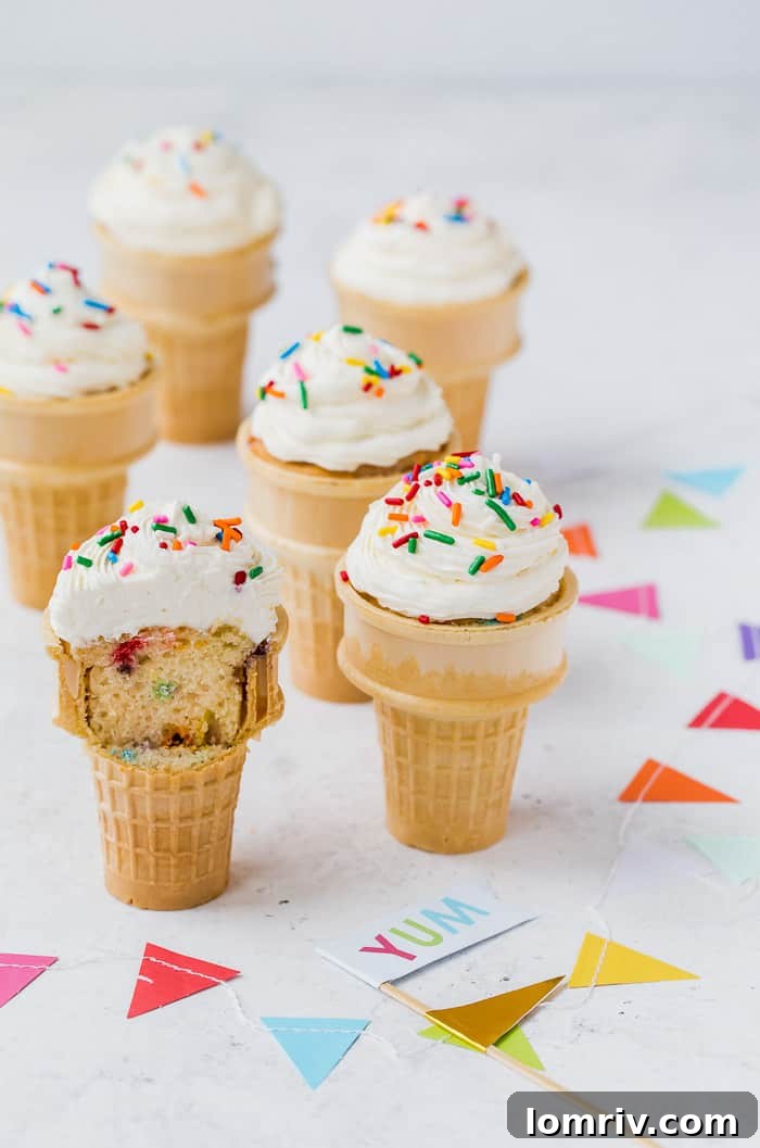 A final shot of Funfetti Ice Cream Cone Cupcakes ready to be served