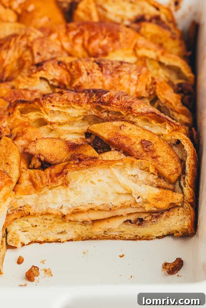 Up close of the croissants in the apple pie french toast bake.