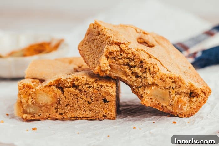 Two apple pie blondies beside themselves and one has a bite taken out of it.