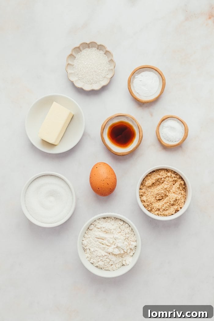 The essential ingredients for making brown butter sugar cookies, meticulously arranged in bowls.