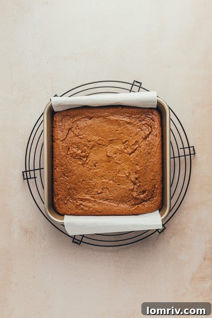 Baked gingerbread bars cooling in their pan on a wire rack, waiting for frosting.