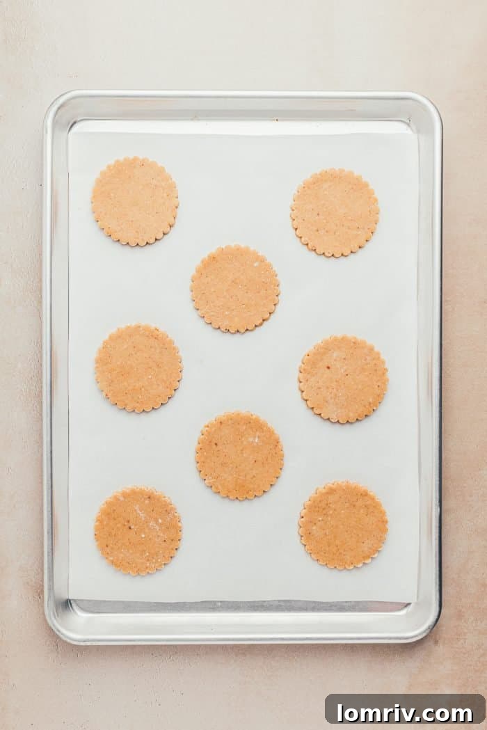 A baking tray lined with parchment paper, holding unbaked Linzer cookie bottoms, perfectly spaced.
