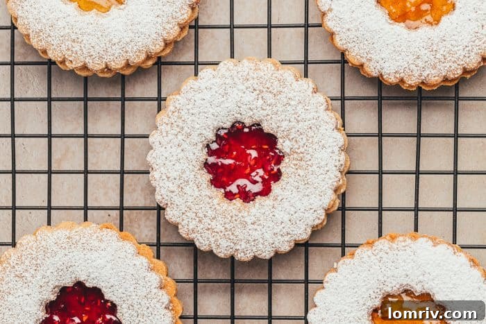 A cooling rack showcasing fully assembled Linzer cookies, dusted with powdered sugar and revealing their vibrant jam centers.