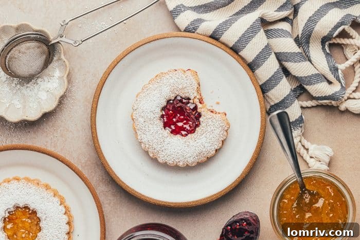 A plate with a single, inviting Linzer cookie, showcasing its jam center and dusted top, with a delicious bite taken out.