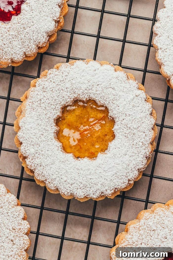 An intimate, detailed image of a single Linzer cookie, highlighting its golden-brown edge, a generous dollop of glistening jam, and a delicate dusting of powdered sugar.