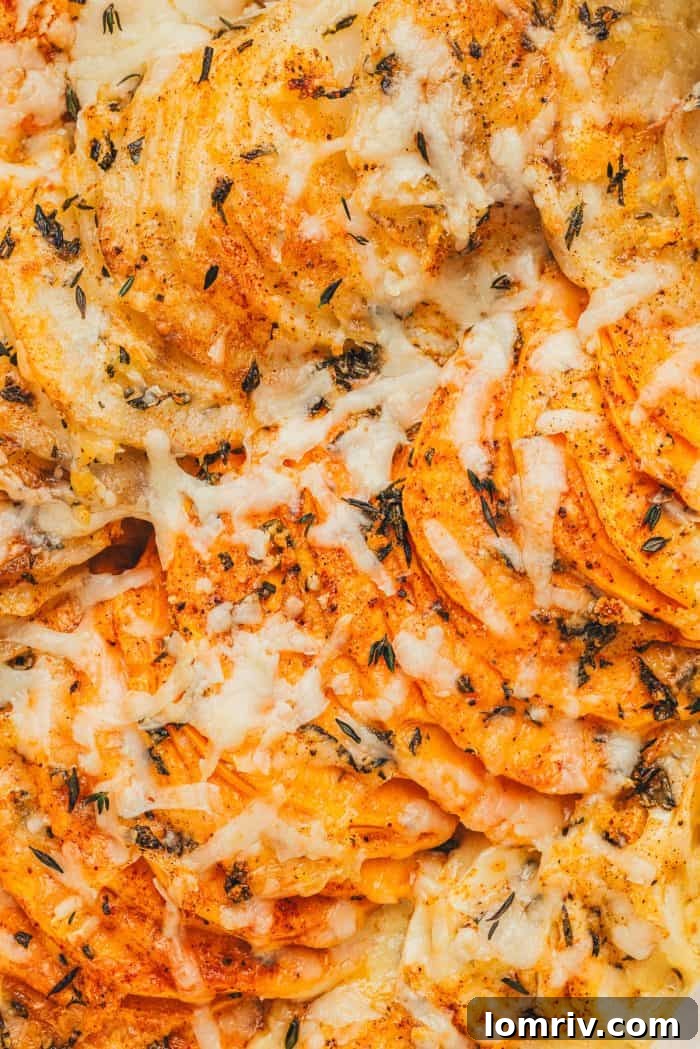 A final close-up shot of a serving of the root vegetable gratin, emphasizing the cheesy top.