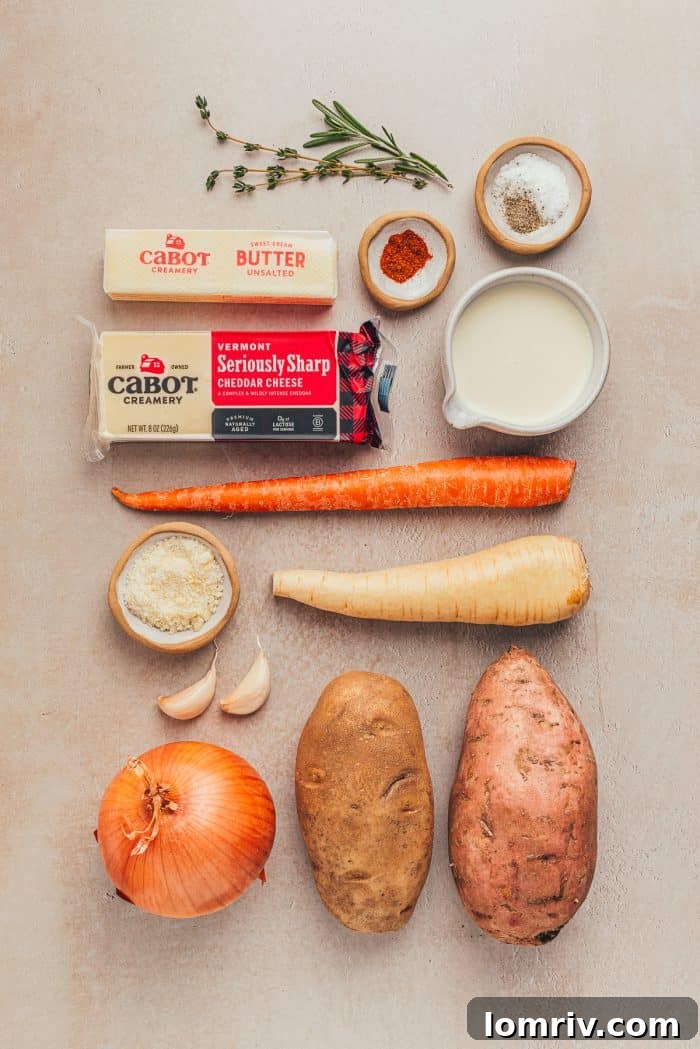 A selection of fresh root vegetables and cheese for the gratin