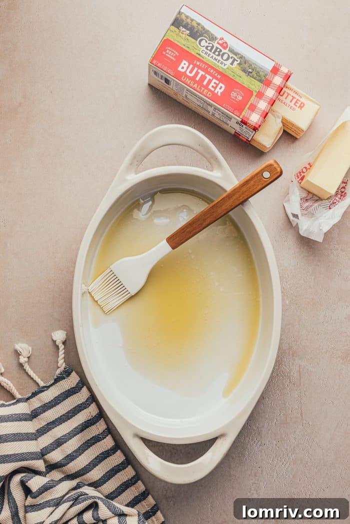 Melted butter in a baking dish