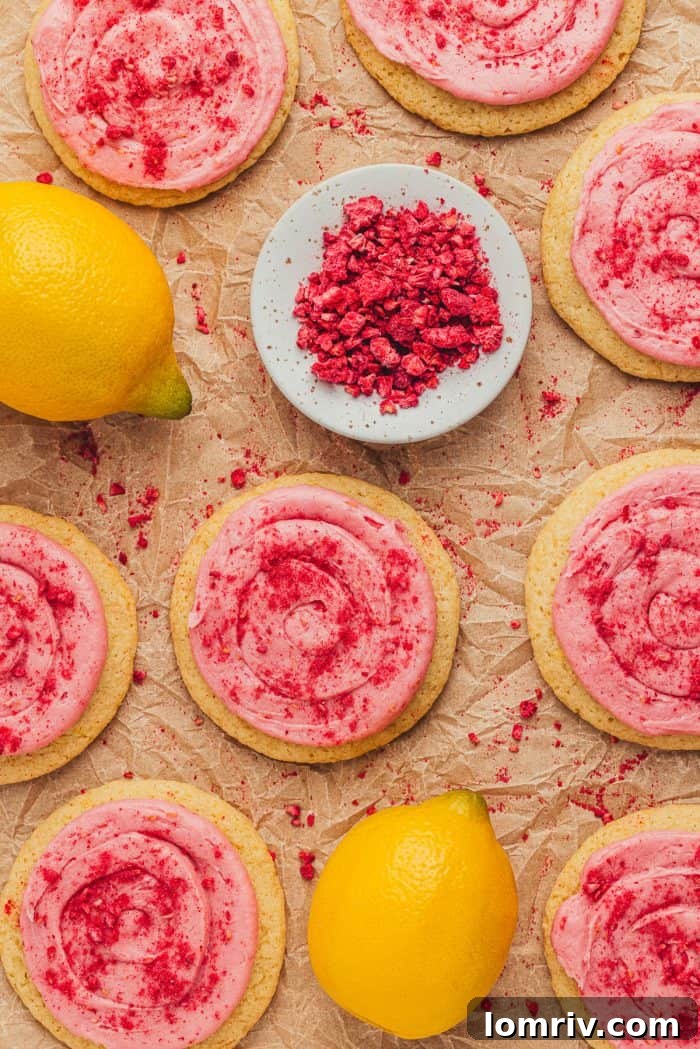 Freshly baked lemon sugar cookies with smooth raspberry cream cheese frosting arranged on parchment paper, ready to be enjoyed.