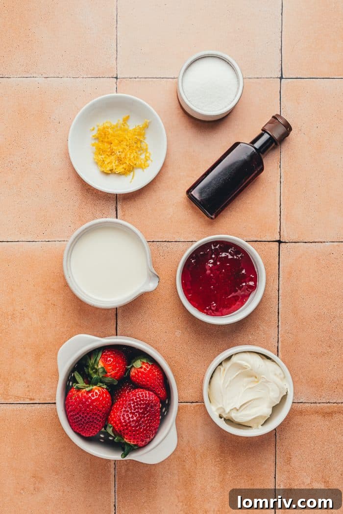 Bowls of ingredients for making strawberry mascarpone. 