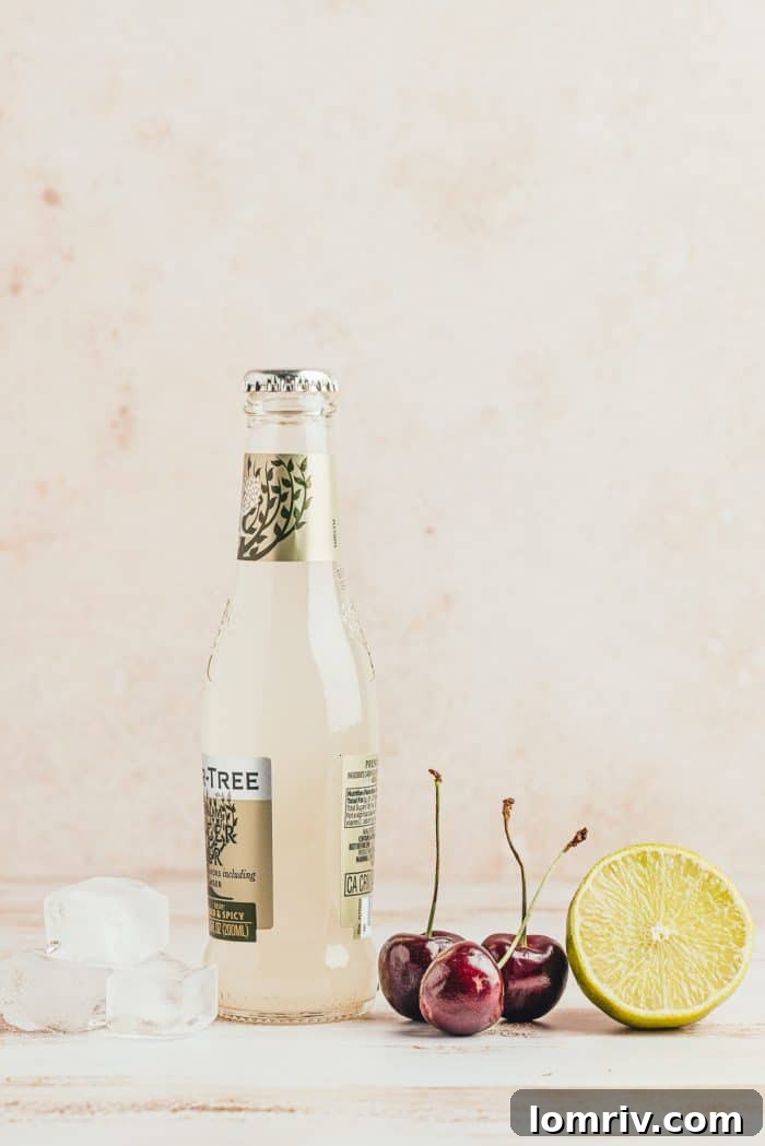 The ingredients needed to make a virgin cherry Moscow mule.