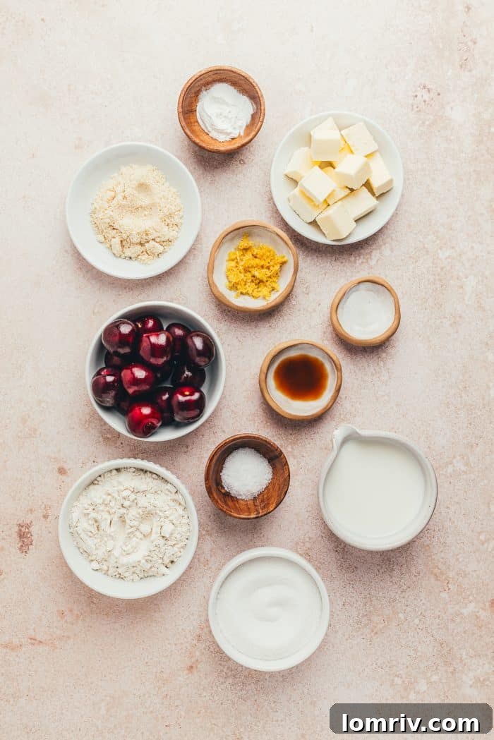 The ingredients in bowls to make brown butter cherry cobbler.