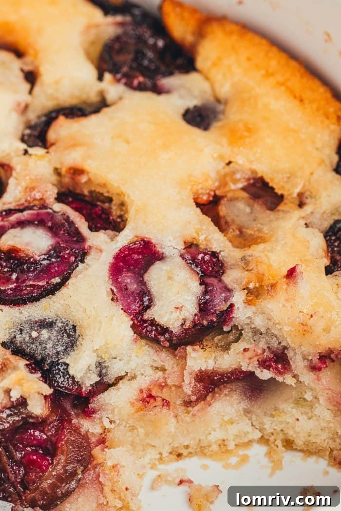 A close up of browned butter cherry cobbler.