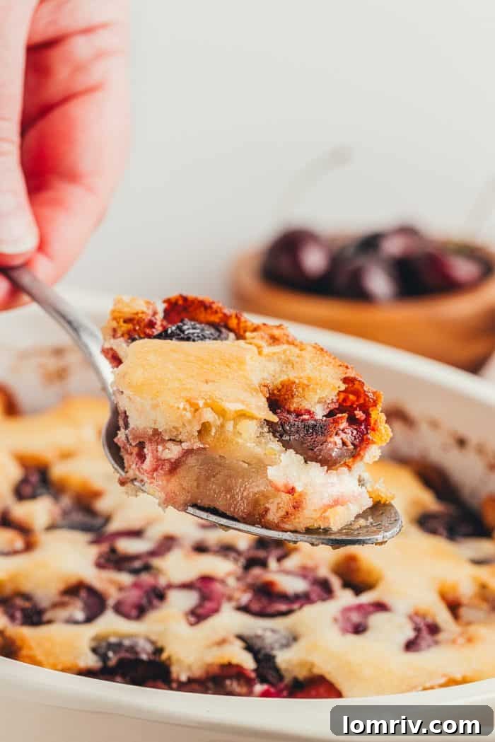 A scoop of browned butter cherry cobbler.