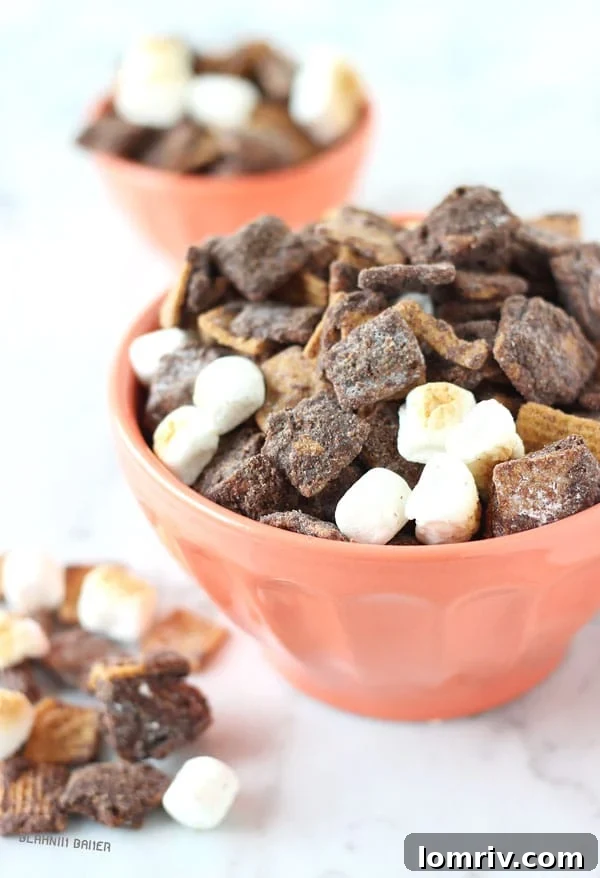 Irresistible Peanut Butter S'mores Muddy Buddies, a crunchy, sweet snack