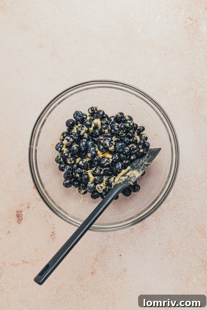 Fresh blueberries tossed with lemon zest, flour, and sugar, ready to form the jammy layer in the cake.