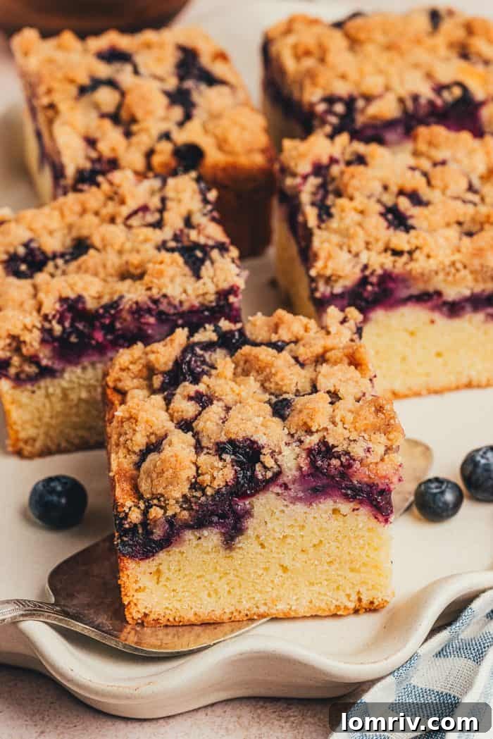 Five inviting slices of blueberry crumb cake artfully arranged on a platter, ready for guests.