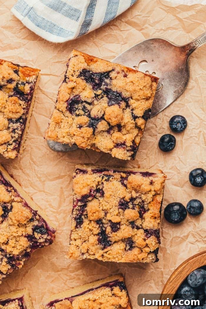 Four generous slices of blueberry crumb cake, showcasing the thick, fruit-filled layer and golden streusel.