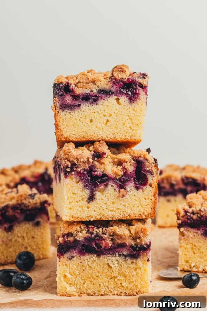 A stack of golden-brown blueberry crumb cake slices, displaying the thick crumb topping.