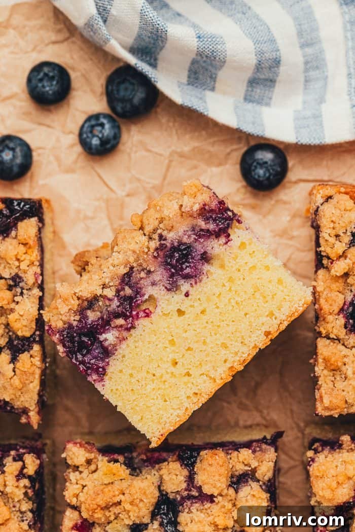 A slice of blueberry crumb cake, turned on its side to reveal the moist cake base, jammy blueberry layer, and crunchy crumb topping, surrounded by other slices.