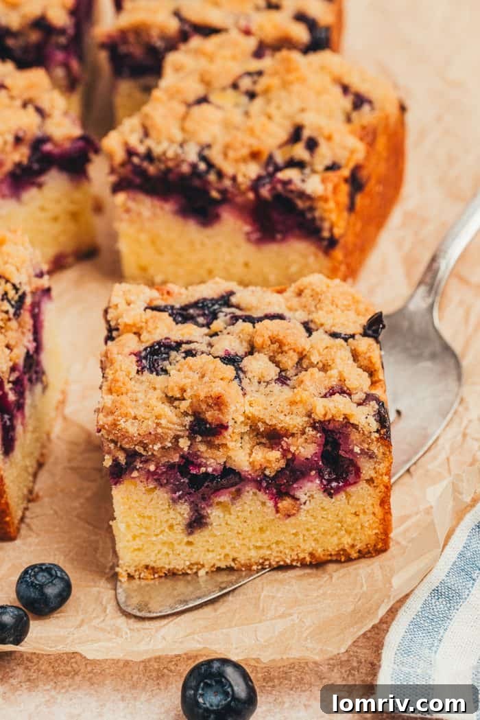 A slice of blueberry crumb cake on a cake server, ready to be plated, with more slices in the background.