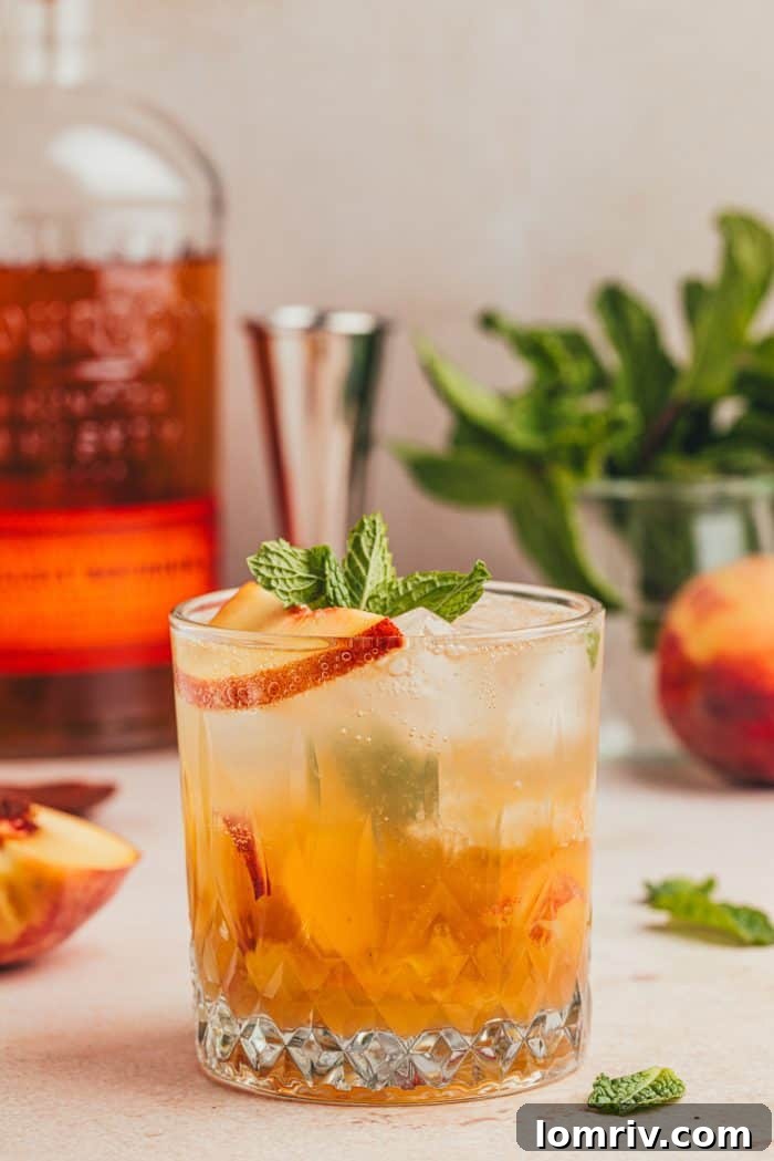 A bourbon peach smash with garnishes of sliced peaches and herbs.