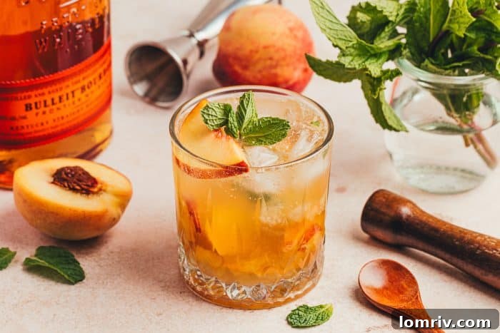 An upclose of a peach bourbon smash.