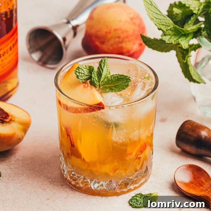 An upclose of a peach bourbon smash.