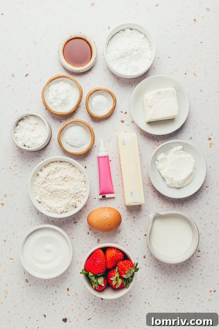 A collection of ingredients laid out, ready to be transformed into a delicious strawberry sheet cake