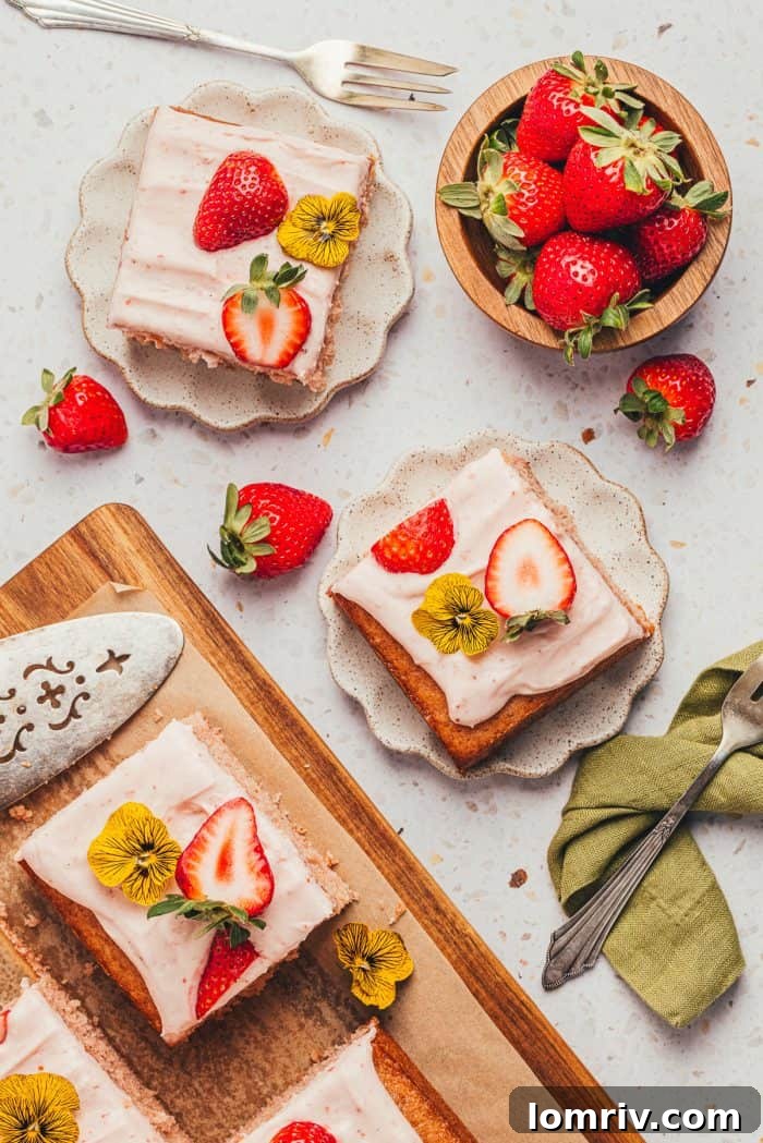 Various presentations of strawberry sheet cake slices, showcasing its inviting texture and vibrant color