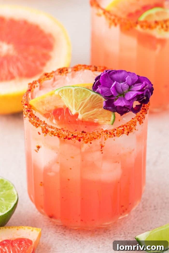 Two vibrant Guava Paloma cocktails, garnished with fresh flowers and citrus slices, ready to be enjoyed.