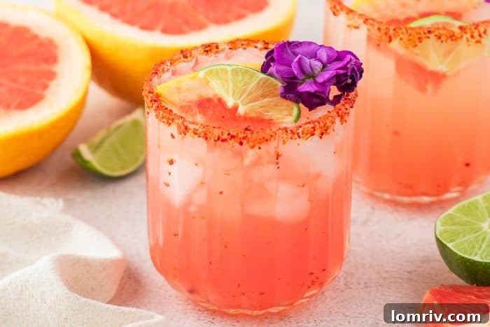 A final close-up shot of a single Guava Paloma cocktail, perfectly garnished and glistening with freshness.