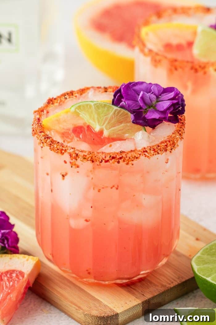 Close-up of two Guava Paloma cocktails, featuring their delicate floral garnishes and a hint of the spicy Tajín rim.