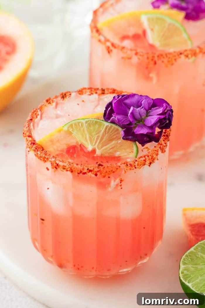 A stunning top-down view of two Guava Paloma drinks, showcasing the colorful ingredients and elegant presentation.