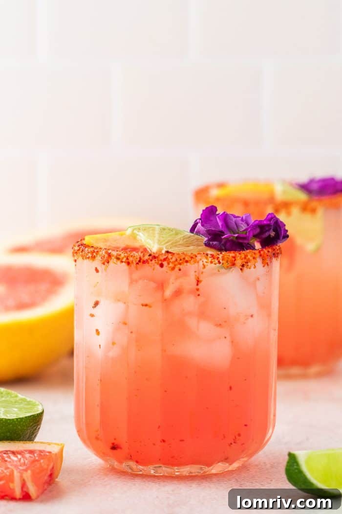 Two glasses of Guava Paloma, perfectly chilled, adorned with fresh flowers and citrus, ready for a toast.