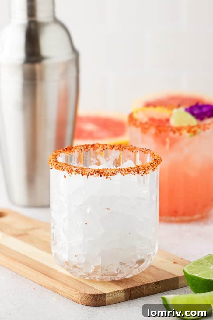 A glass, beautifully rimmed with Tajín, being filled with sparkling ice cubes, ready for the cocktail mixture.