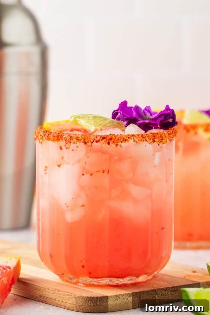 A finished Guava Paloma cocktail, complete with a stunning Tajín rim and colorful garnishes, ready to be served.