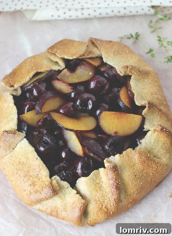 Rustic Cherry Plum Hazelnut Galette with a flaky crust, perfect for summer dessert.