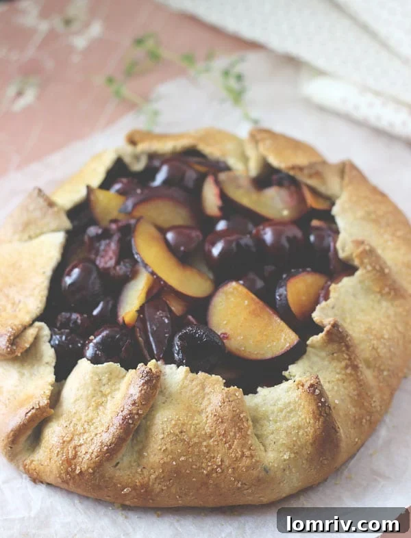 Close-up of Cherry Plum Hazelnut Galette slice revealing juicy fruit filling and rustic hazelnut crust.