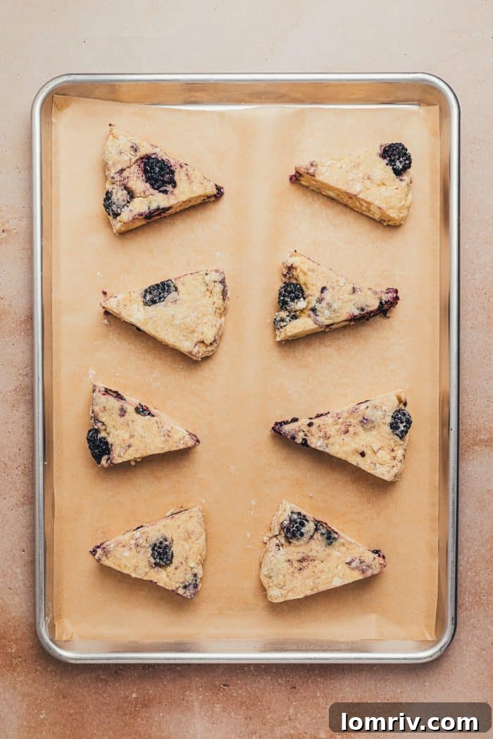 Scone dough cut into eight wedges and spaced apart on a parchment-lined baking sheet.