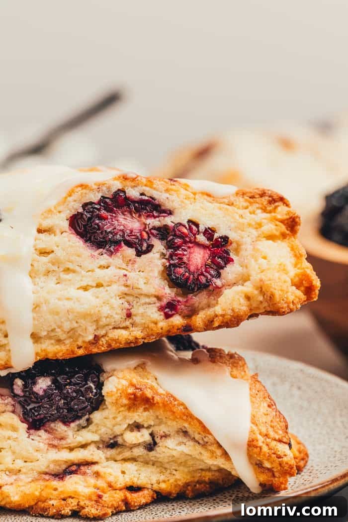 Two enticing blackberry scones stacked on a plate, showcasing their perfect bake.