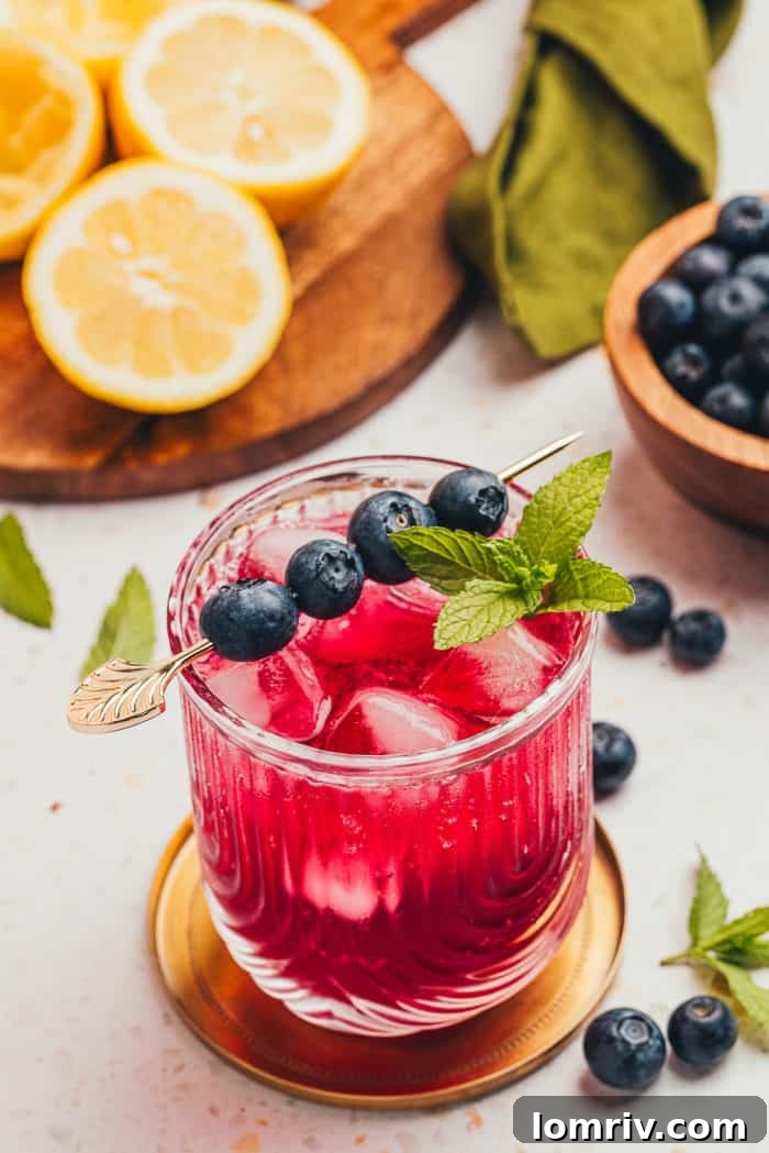 A vibrant blueberry gin fizz cocktail, garnished with fresh blueberries and a sprig of mint, glistening with condensation.