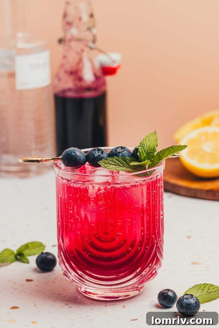 A perfectly prepared blueberry gin fizz cocktail, garnished with blueberries and mint, on a light background.