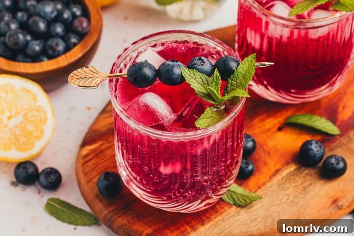 Two glasses of blueberry gin fizzes, artfully arranged on a table for a captivating shot.