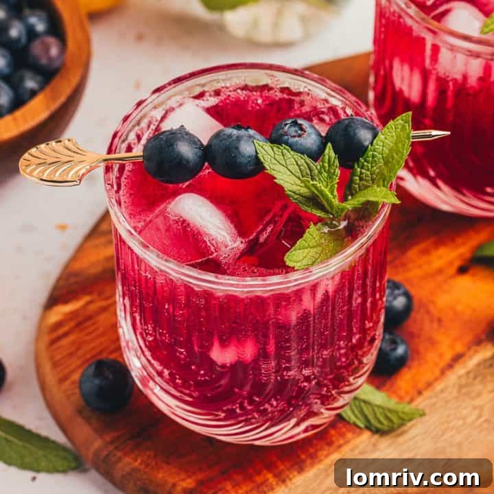 Two glasses filled with blueberry gin fizzes.