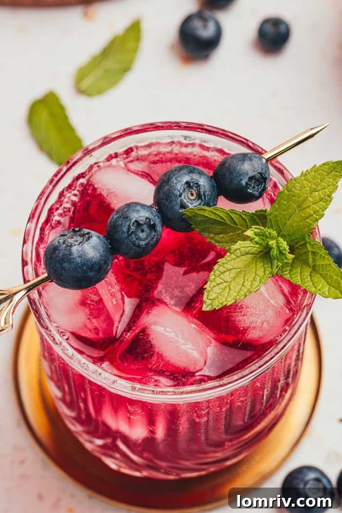 A close-up of a blueberry gin fizz cocktail, showcasing its rich purple color and mint garnish.