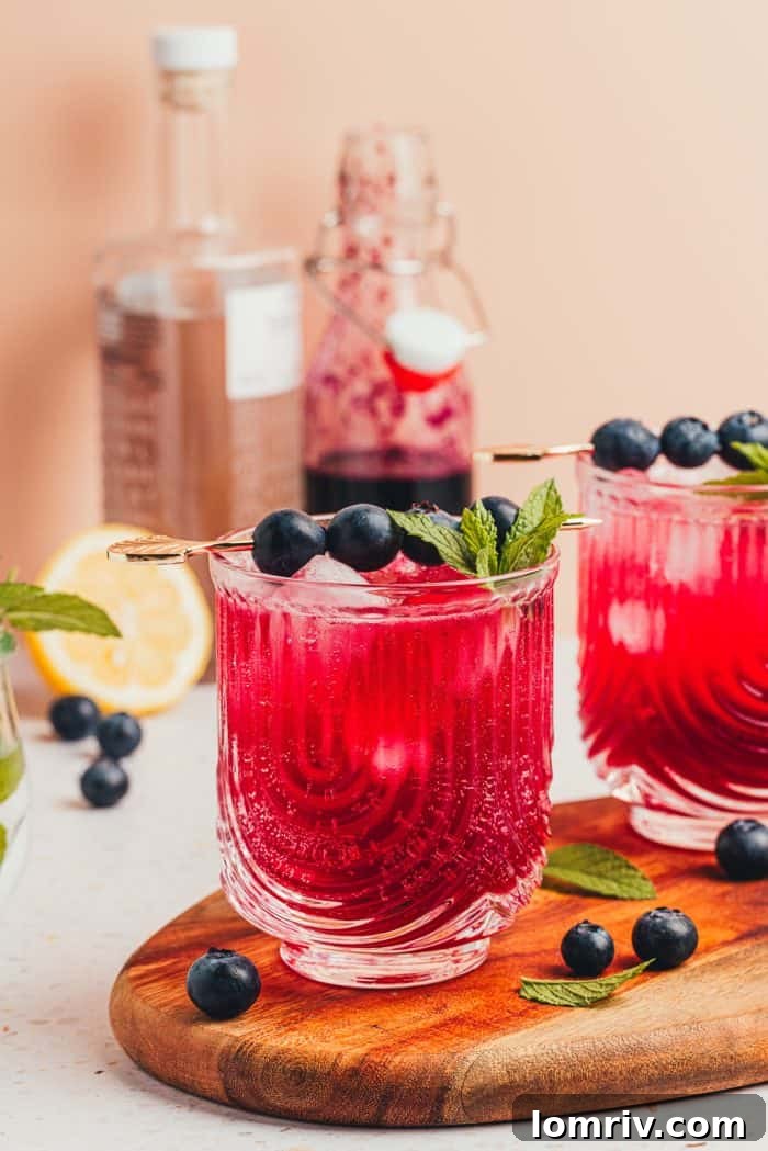 A close-up shot of the blueberry gin fizz, showing the ice, liquid, and garnishes in detail.