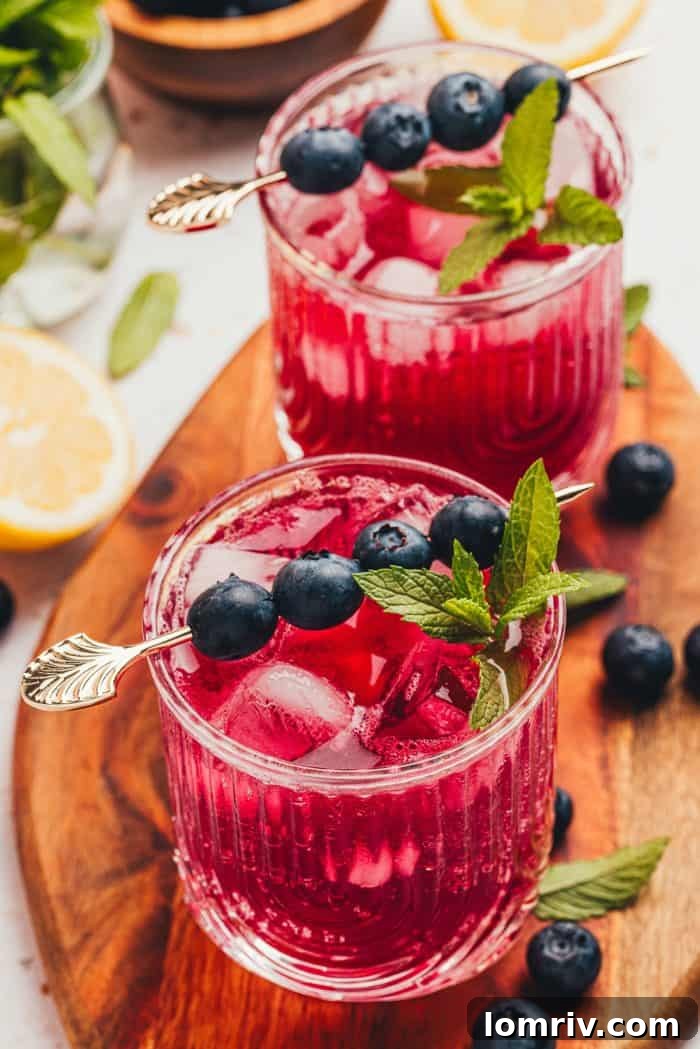 A glass of blueberry gin fizz with fresh blueberries and mint, ready to be enjoyed.