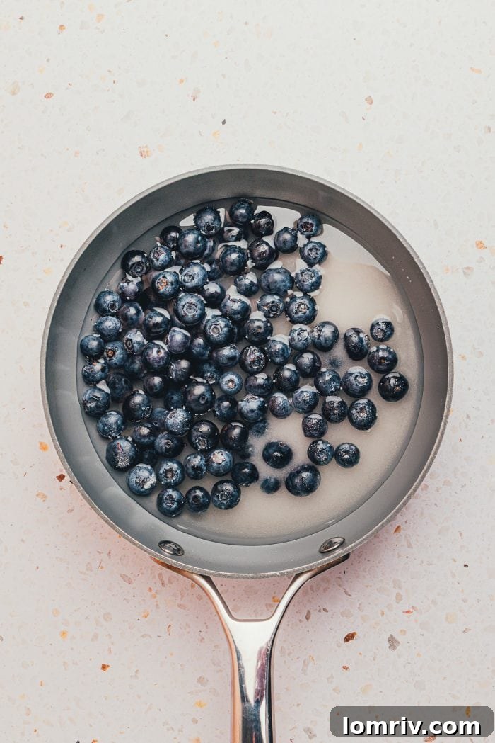 A saucepan on a stovetop with fresh blueberries, sugar, and water, beginning to simmer.
